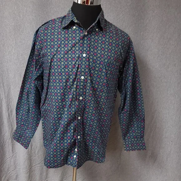Dockers Mens Medium Blue Green Diamond Geometric Long Sleeve Button Up Shirt - Picture 2 of 11